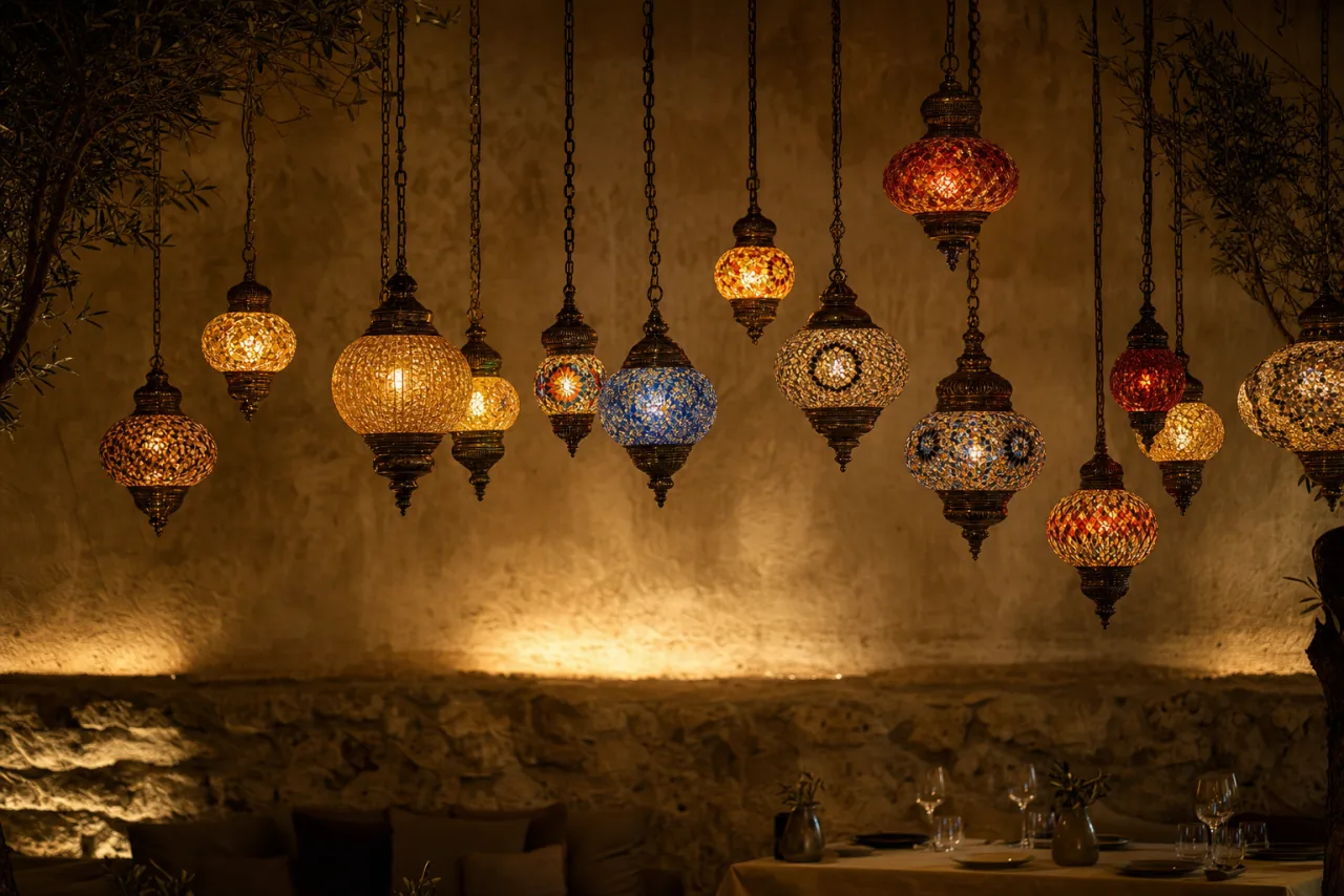 Mosaic lamps glowing above the dining room at Zaytin