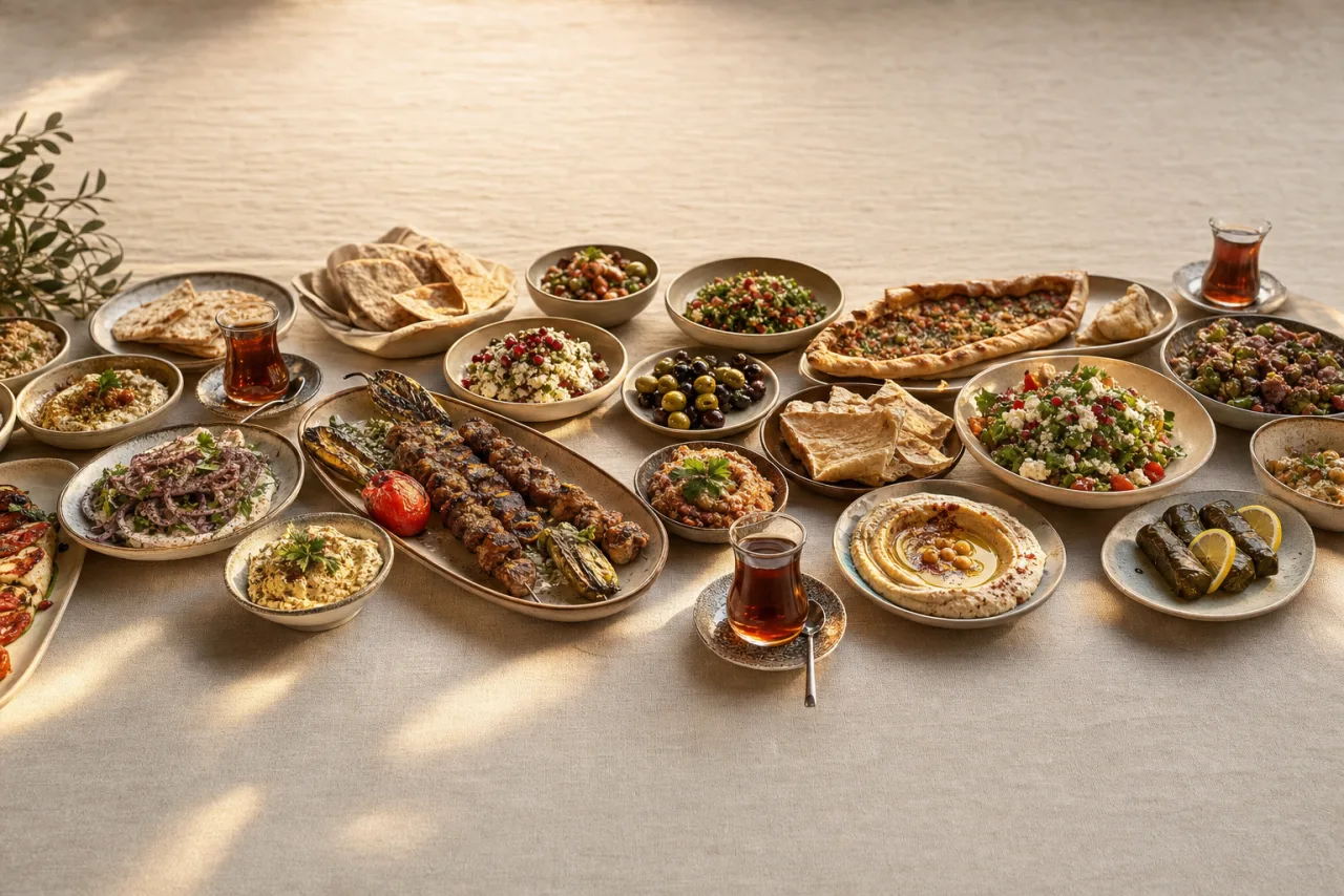 A Turkish table spread with mezes, kebabs, pide, and tea
