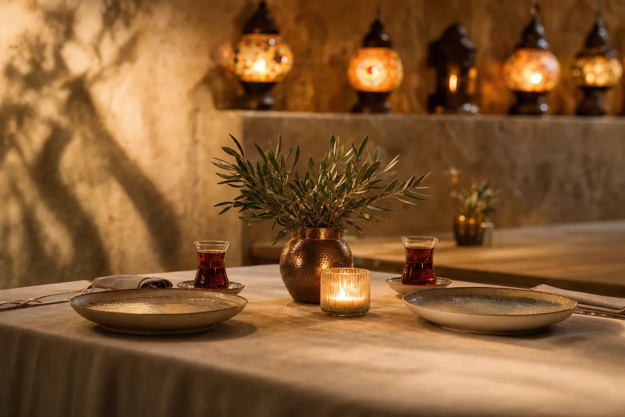 A table at Zaytin set for the evening — olive sprig, candlelight, no one seated yet