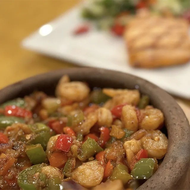 Shrimp casserole in a clay pot